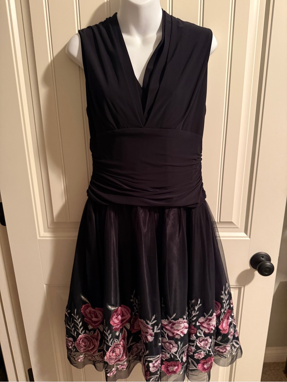 SLNY Black Sleeveless Midi Dress with Pink Rose Embroidery